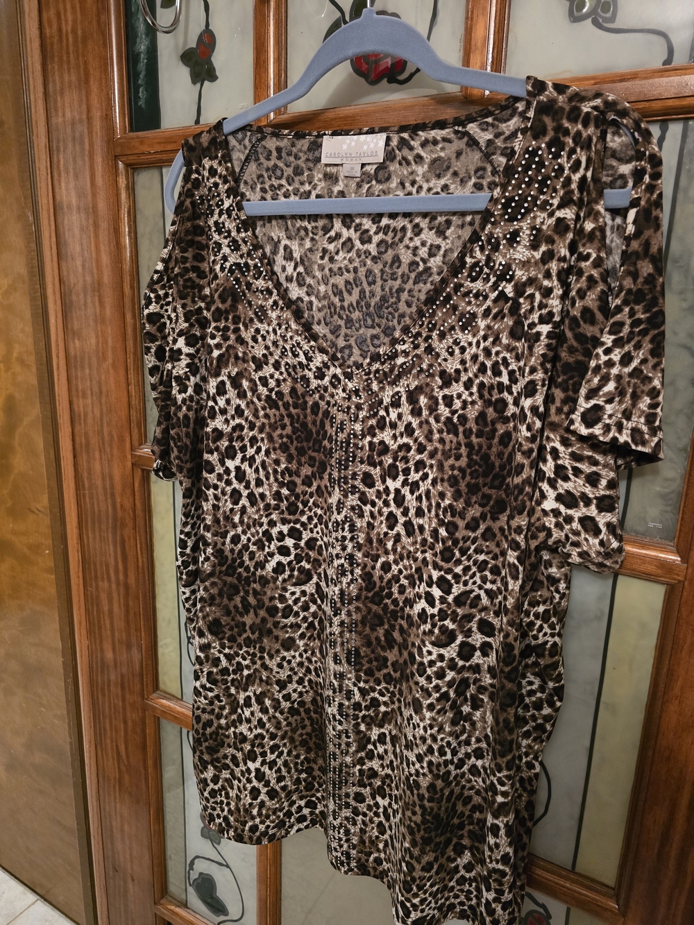 Carolyn Taylor Brown Leopard Print V-Neck Top with Stud Accents